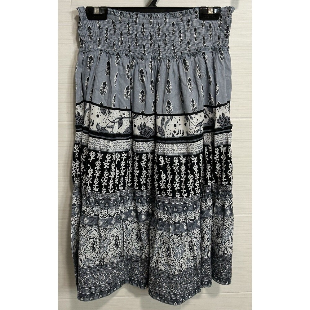 Chaudry KC 100% Cotton Boho Paisley Blue White Pull On Elastic Lined Skirt M